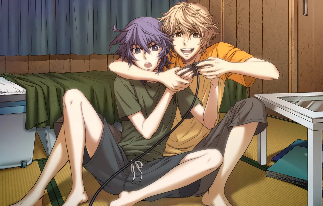 Photo wallpaper room, bed, laughter, guy, plays, Mutou Toru, Koide Copy Production, shiki