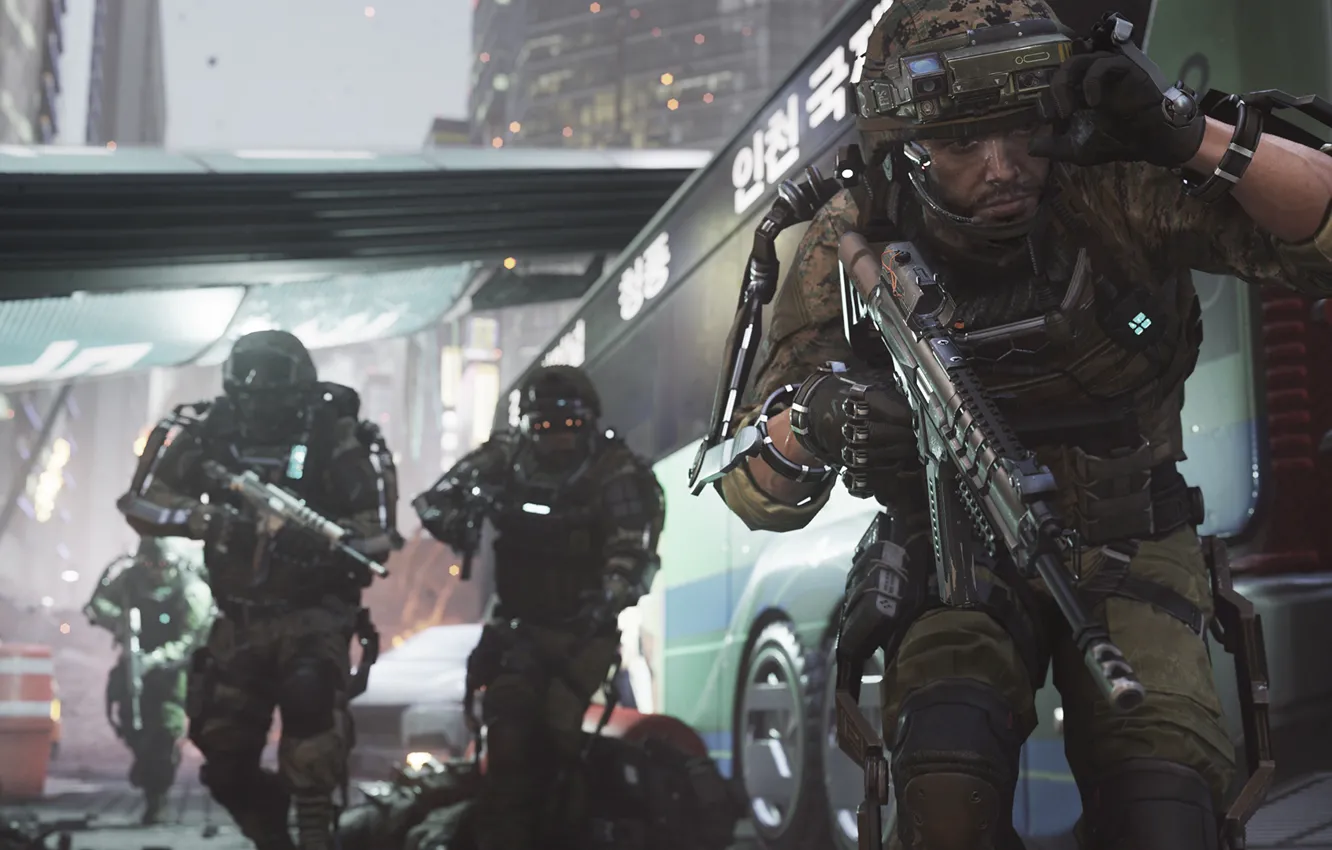 Photo wallpaper soldiers, fight, Call Of Duty, battle, weapons, America, Advanced Warfare