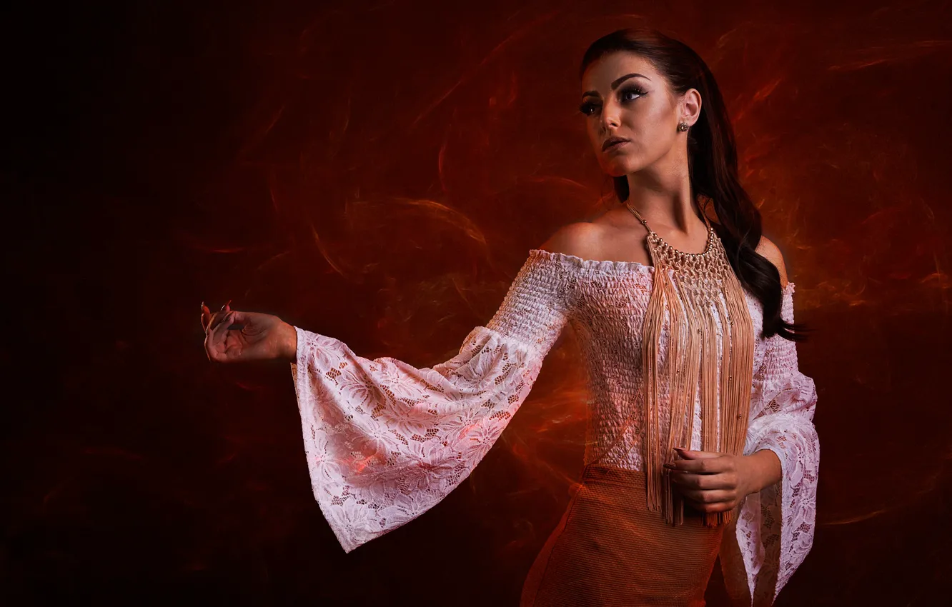 Photo wallpaper girl, pose, style, background, model, blouse, necklace