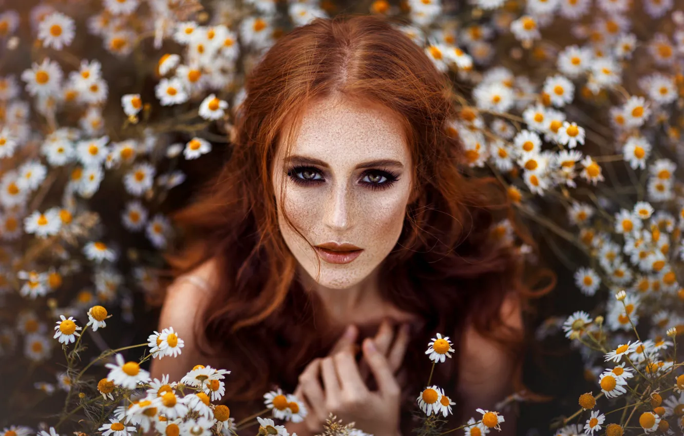 Photo wallpaper field, look, girl, flowers, nature, face, pose, style
