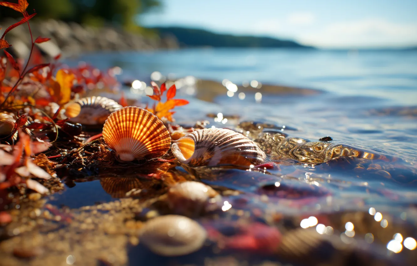 Photo wallpaper sea, beach, the ocean, shore, shell, seashells, seashell, AI art