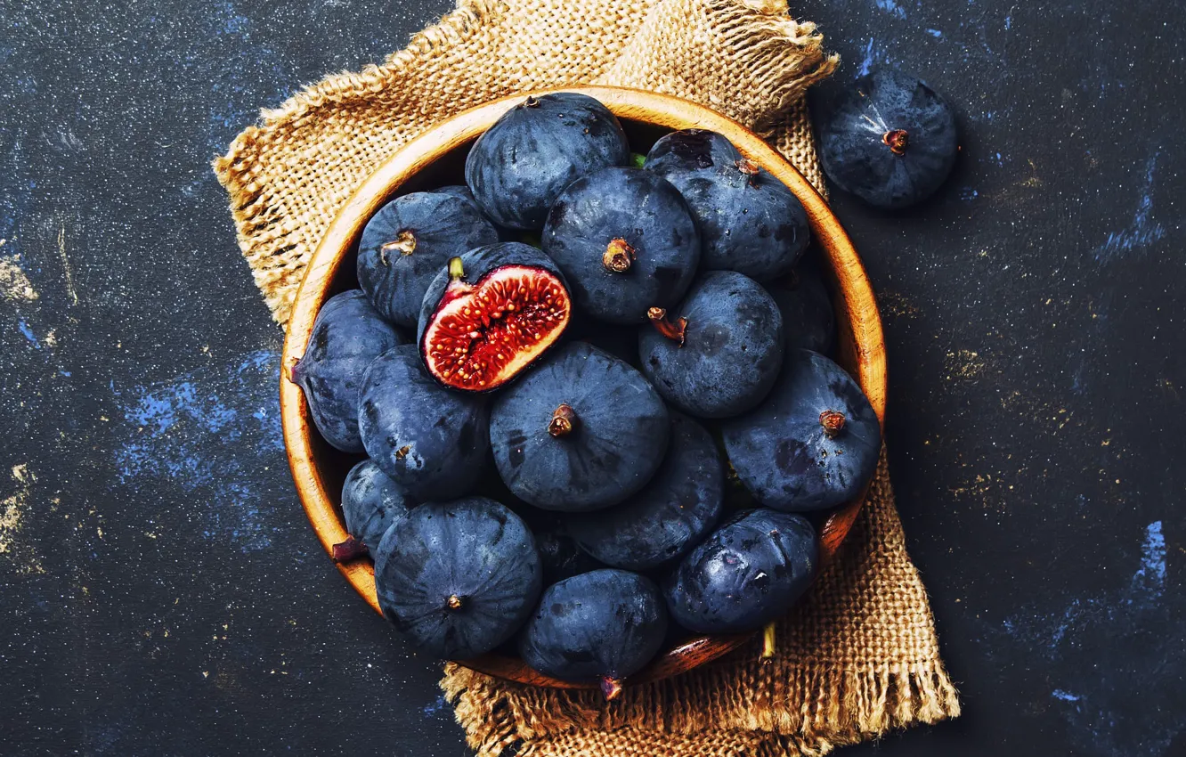 Photo wallpaper the dark background, bowl, fruit, burlap, figs