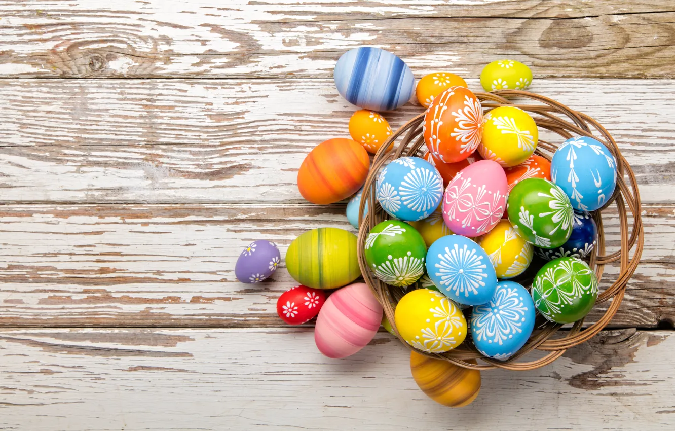 Photo wallpaper basket, colorful, Easter, wood, spring, Easter, eggs, holiday