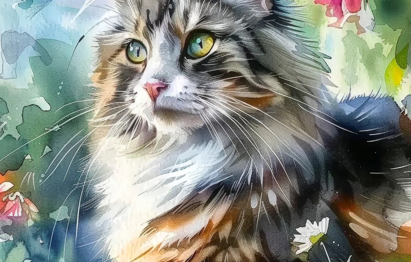 Photo wallpaper cat, cat, mustache, look, face, flowers, art, digital art