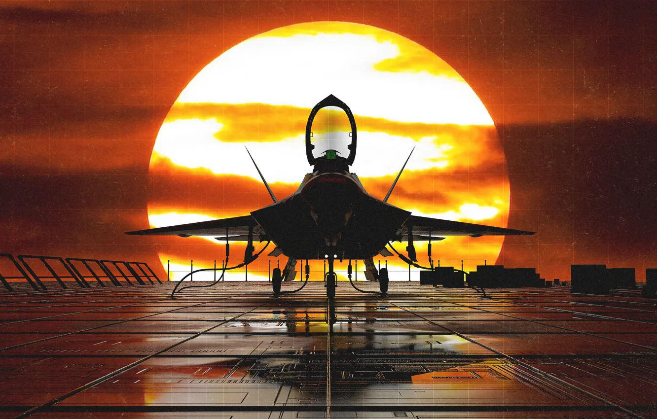 Photo wallpaper Sunset, The sun, The plane, Fighter, F-22, Raptor, Rendering, F-22 Raptor