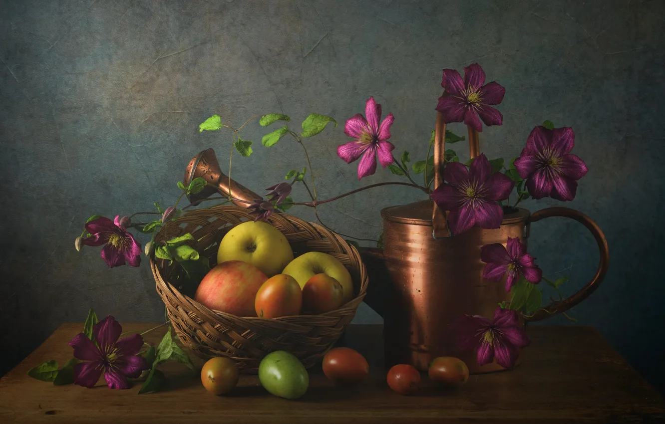 Photo wallpaper vines, yellow, flowers, tomatoes, table, clematis, basket, stem