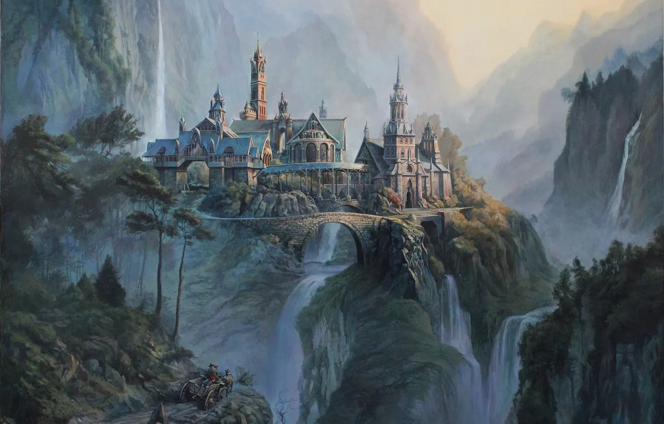 Photo wallpaper Mountains, The city, Waterfall, Wagon, Gorge, Painting, Oleg Yudin, Matte Painting