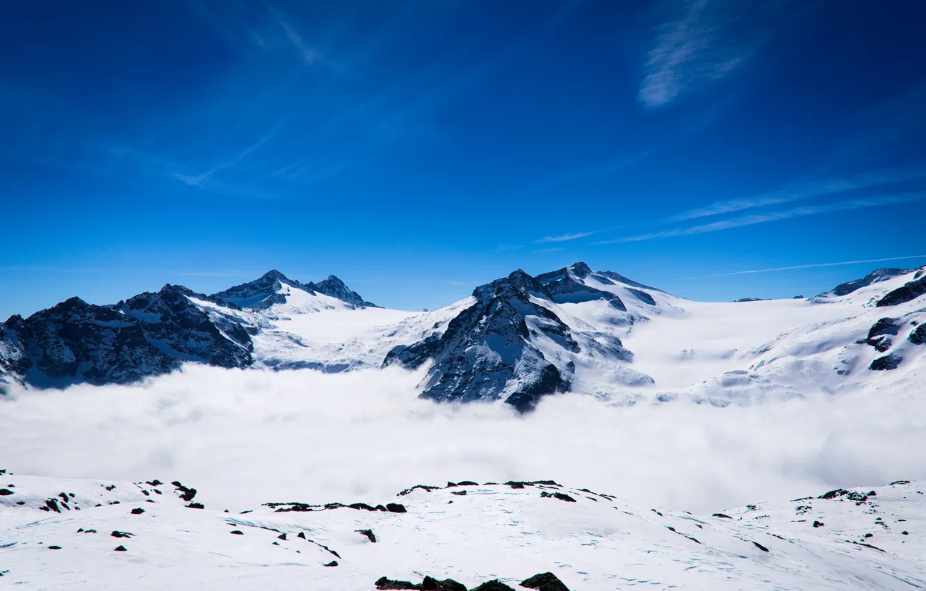 Photo wallpaper winter, the sky, clouds, snow, landscape, mountains, nature, rocks
