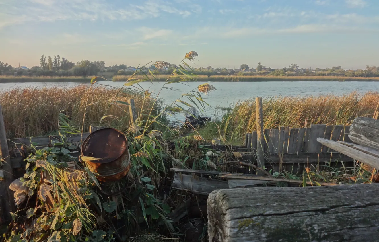 Photo wallpaper River, village, reed, Astrakhan
