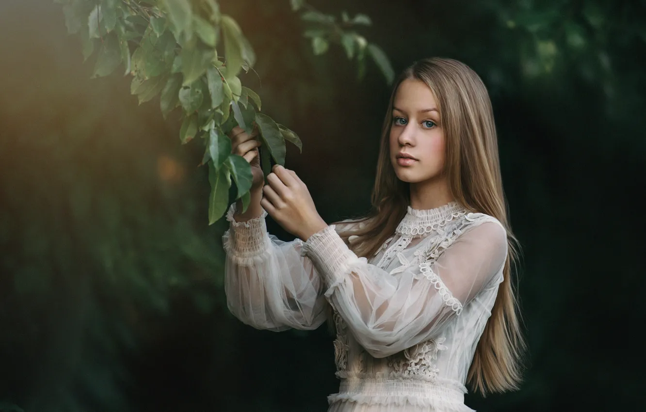 Photo wallpaper look, leaves, girl, branches, Rus, Chase Anna