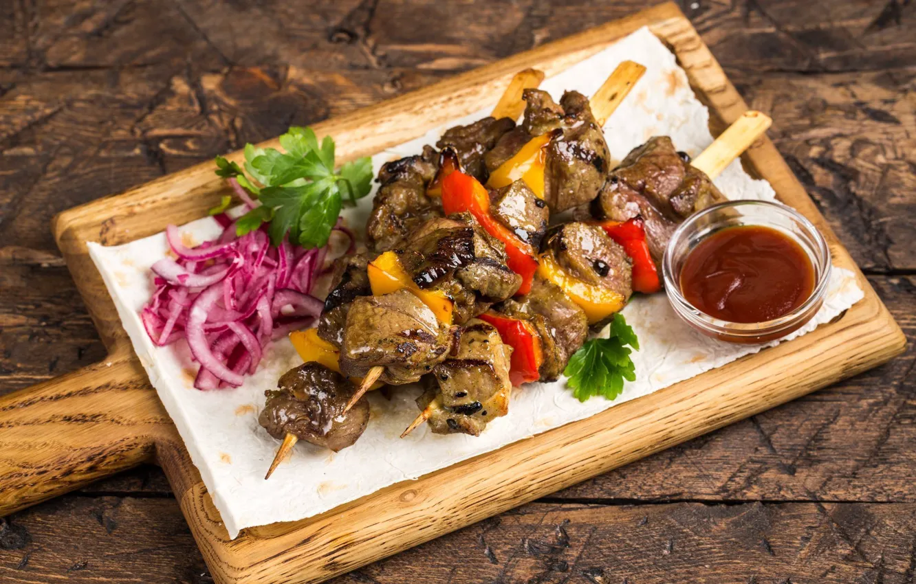 Photo wallpaper bow, meat, vegetables, sauce, kebab
