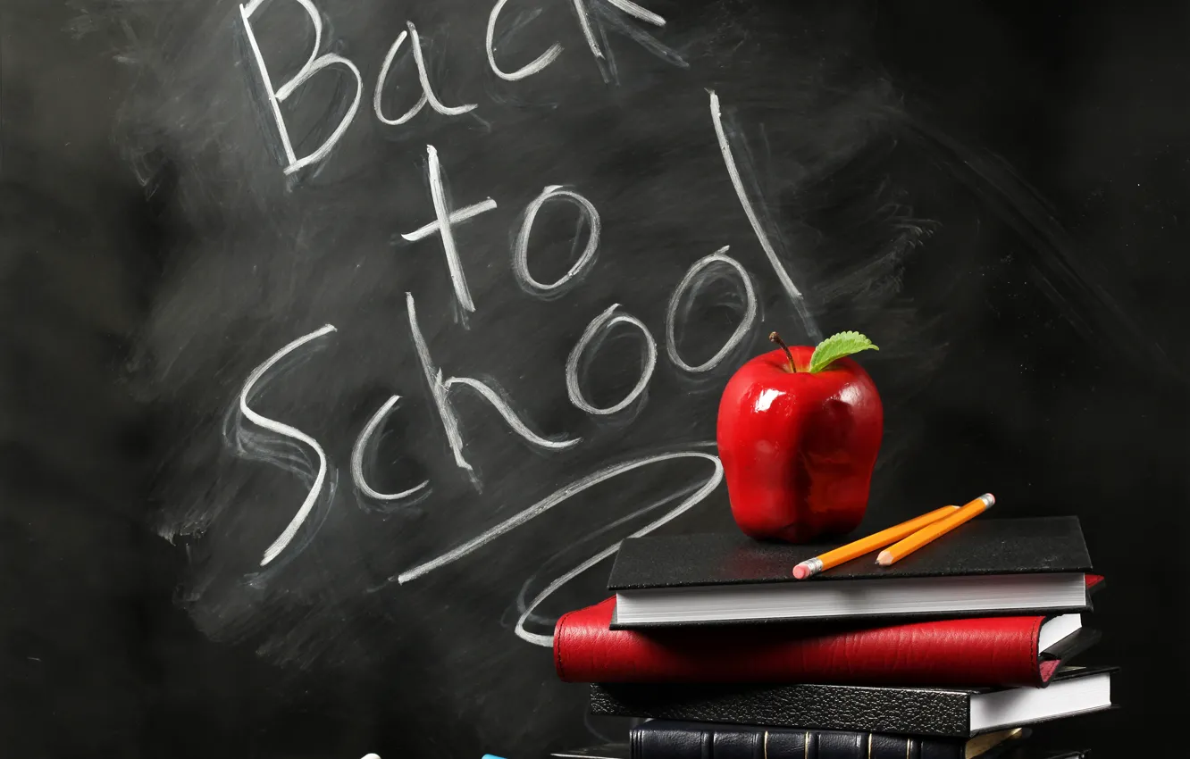 Photo wallpaper background, the inscription, apples, study, Board, pencils, book, school