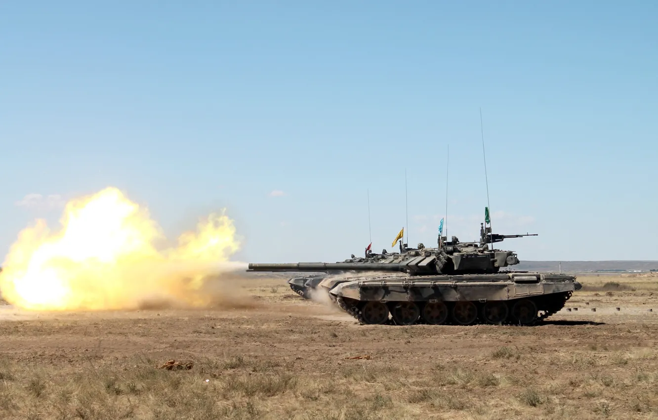 Photo wallpaper field, fire, tanks, armor, T-90