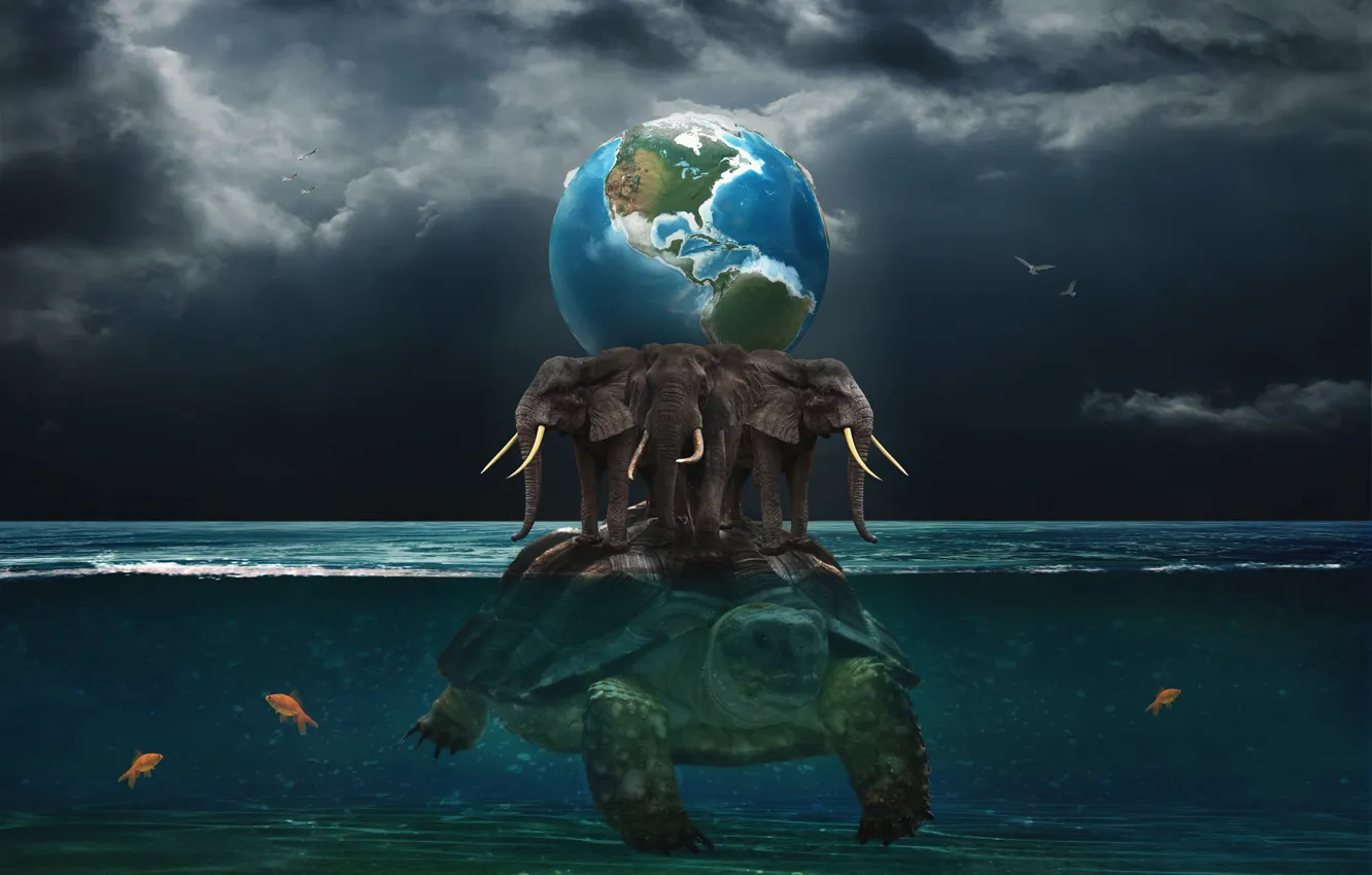 Photo wallpaper water, fish, the ocean, earth, elephant, turtle, three elephants