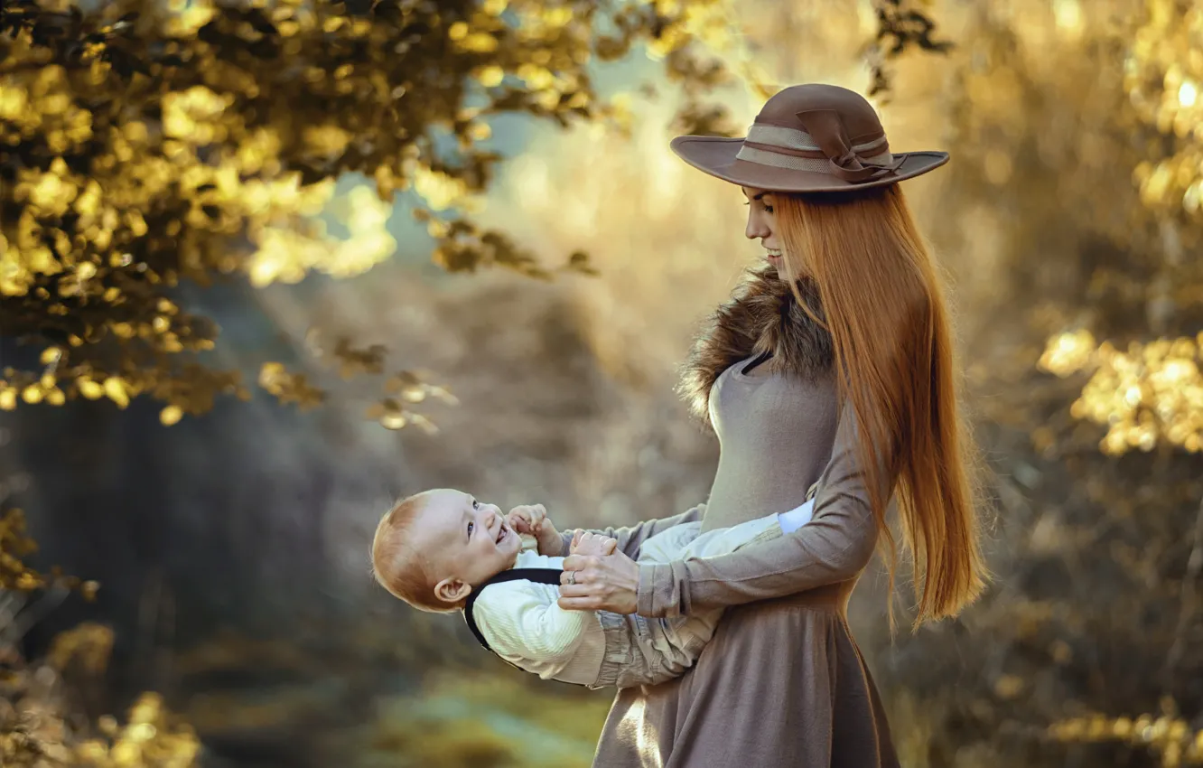 Photo wallpaper autumn, joy, nature, children, woman, hat, dress, baby