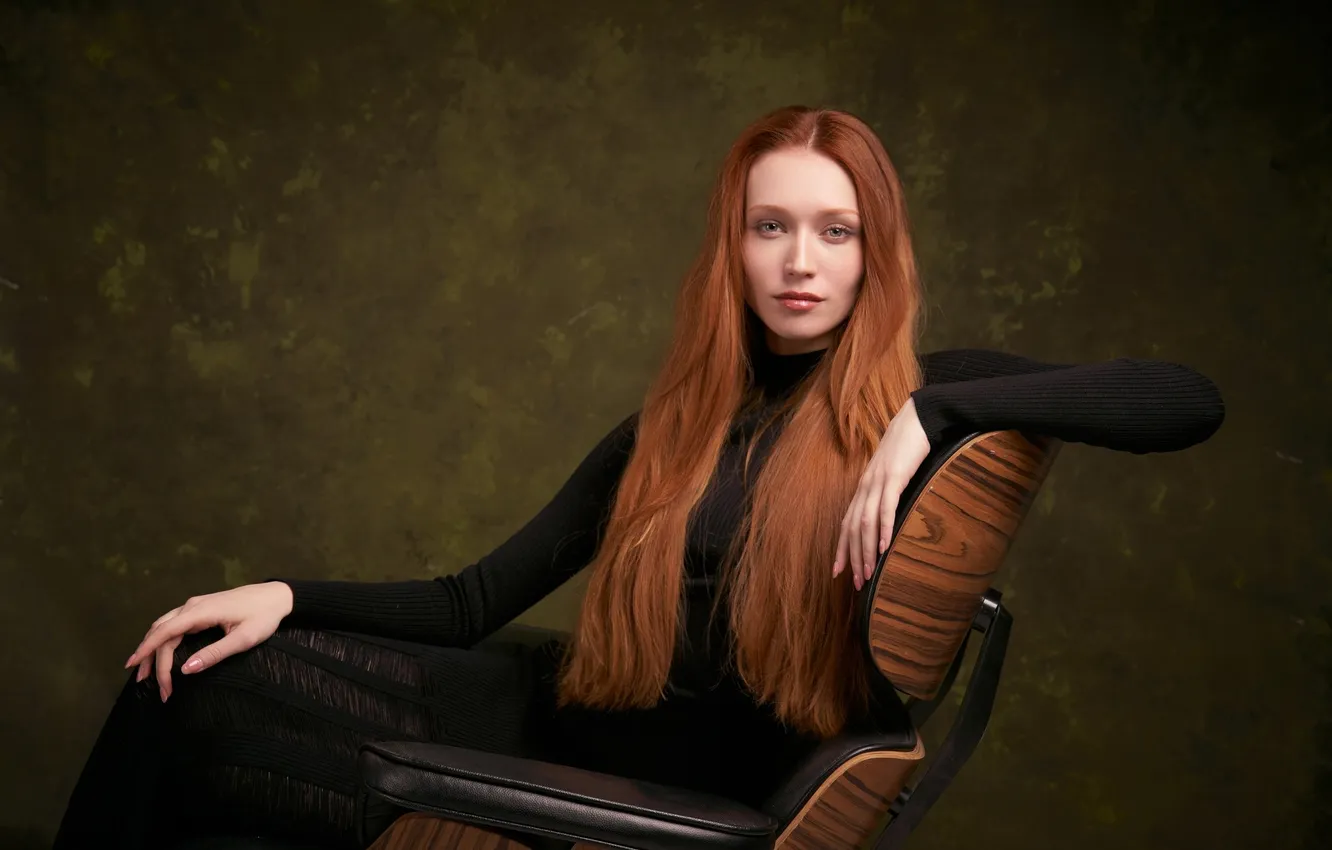 Photo wallpaper look, girl, pose, background, portrait, chair, hands, dress