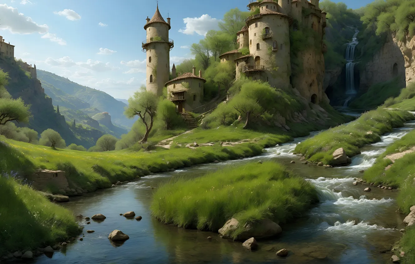 Photo wallpaper widescreen, sky, trees, nature, water, waterfalls, architecture, neural network