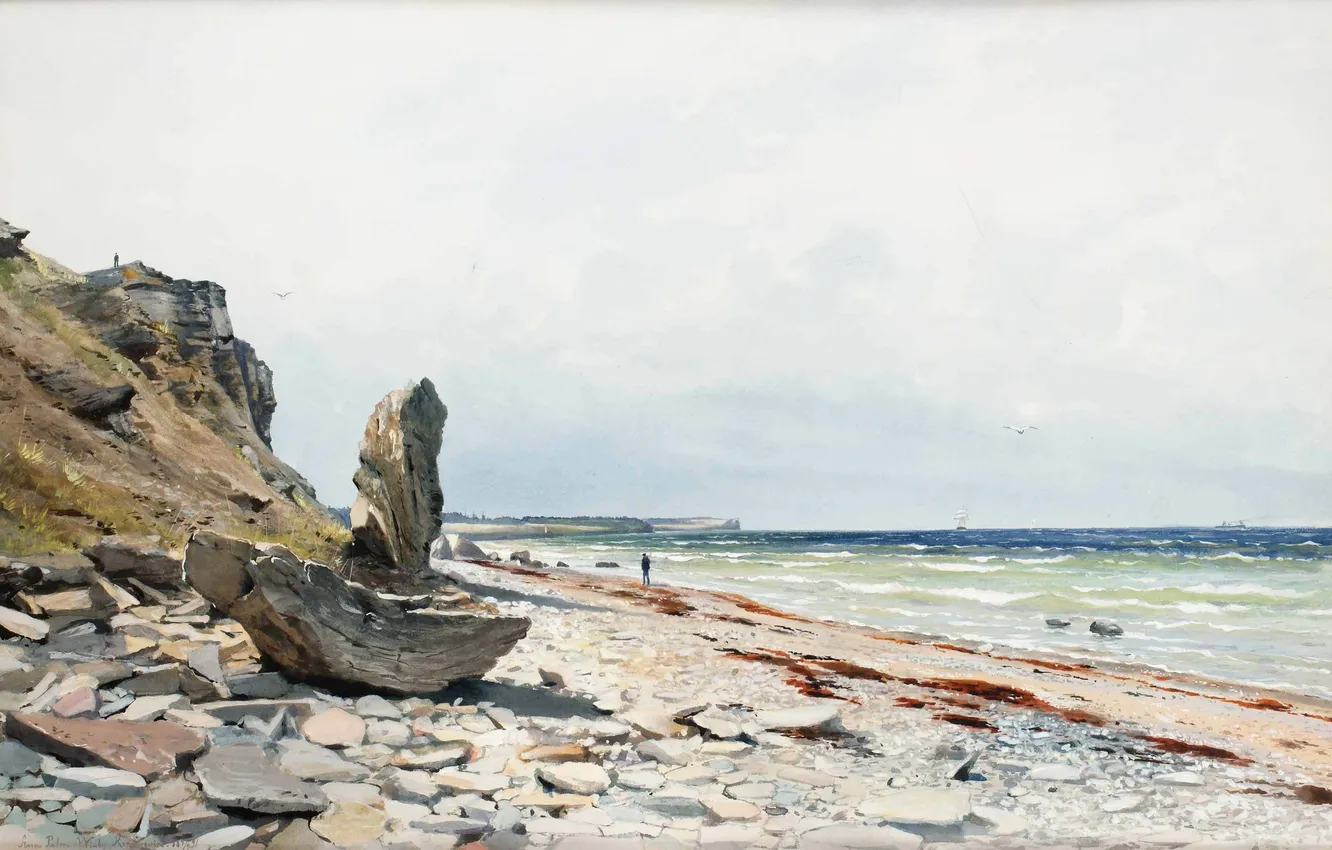 Photo wallpaper sea, landscape, stones, people, rocks, shore, coast, watercolor