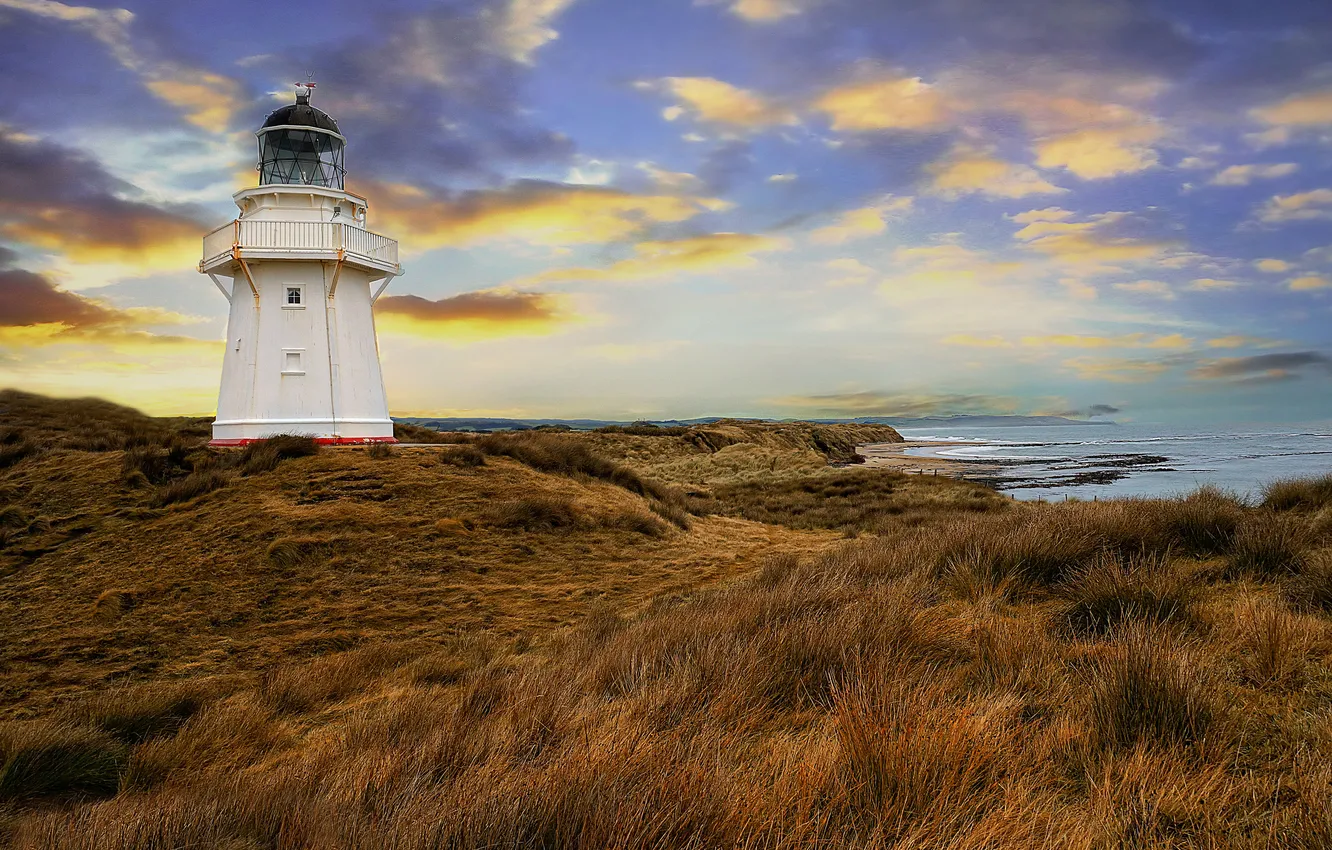 Photo wallpaper sea, grass, shore, lighthouse, the evening