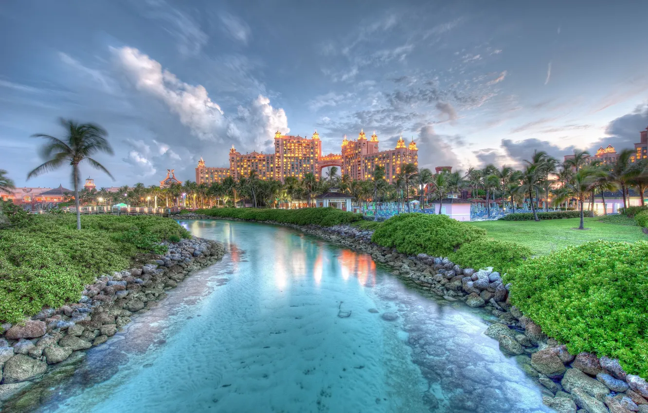 Photo wallpaper the sky, grass, water, landscape, clouds, stones, palm trees, island