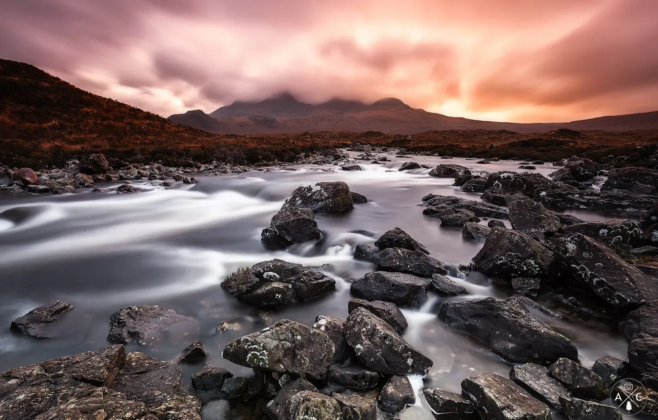 Photo wallpaper landscape, fog, river