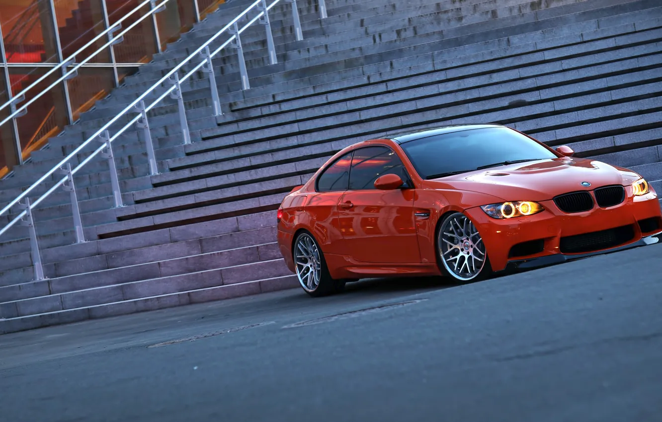 Photo wallpaper BMW, E92, Stairs, Fire Orange, M3