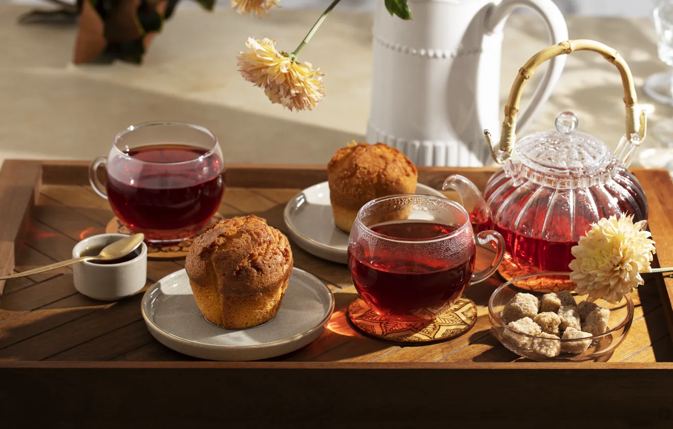 Photo wallpaper glass, light, flowers, red, table, tea, kettle, spoon