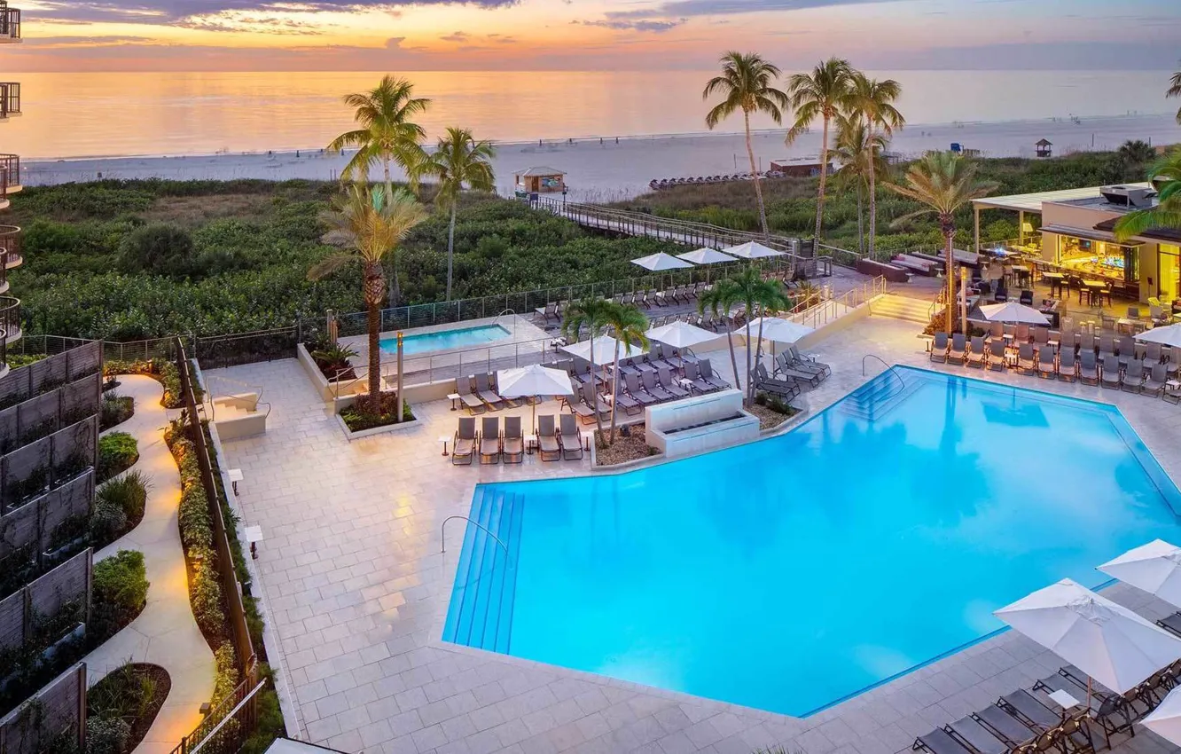 Photo wallpaper beach, sunset, palm trees, the ocean, the evening, pool, FL, resort