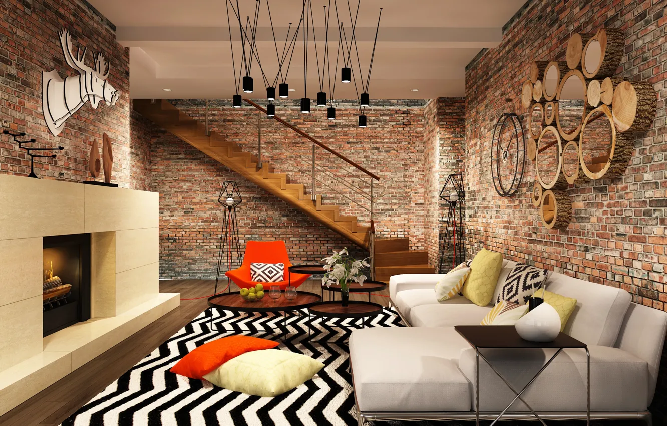 Photo wallpaper sofa, wall, carpet, brick, pillow, ladder, fireplace, design