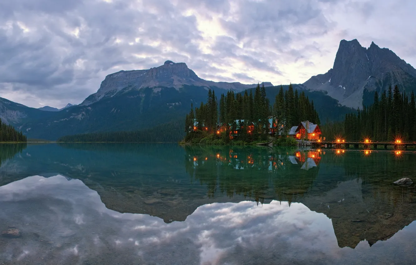 Photo wallpaper mountains, lights, lake, reflection, dawn, home, morning, Canada