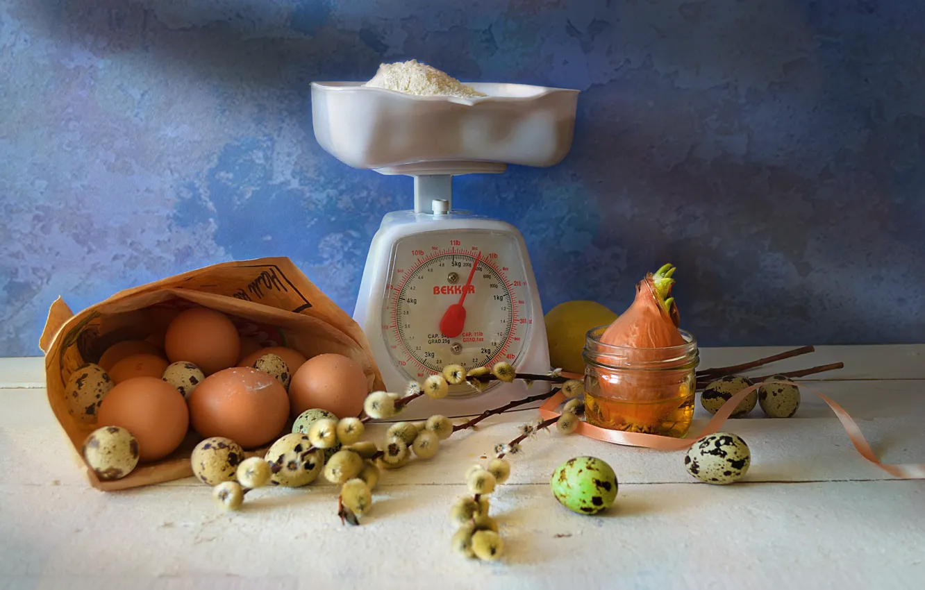Photo wallpaper table, egg, spring, bow, still life, Libra, Verba, flour
