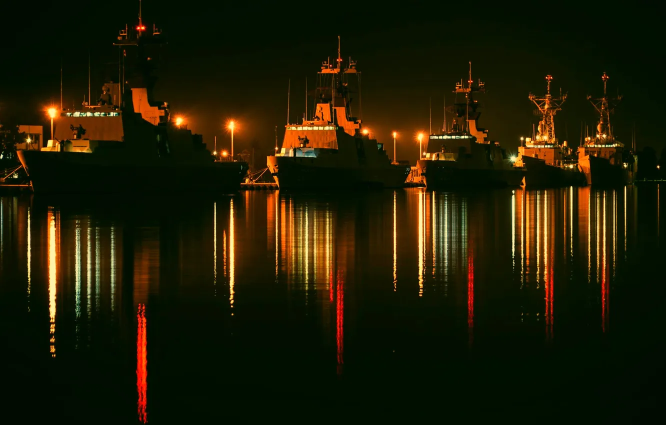 Photo wallpaper night, lights, ships, base, Taiwan