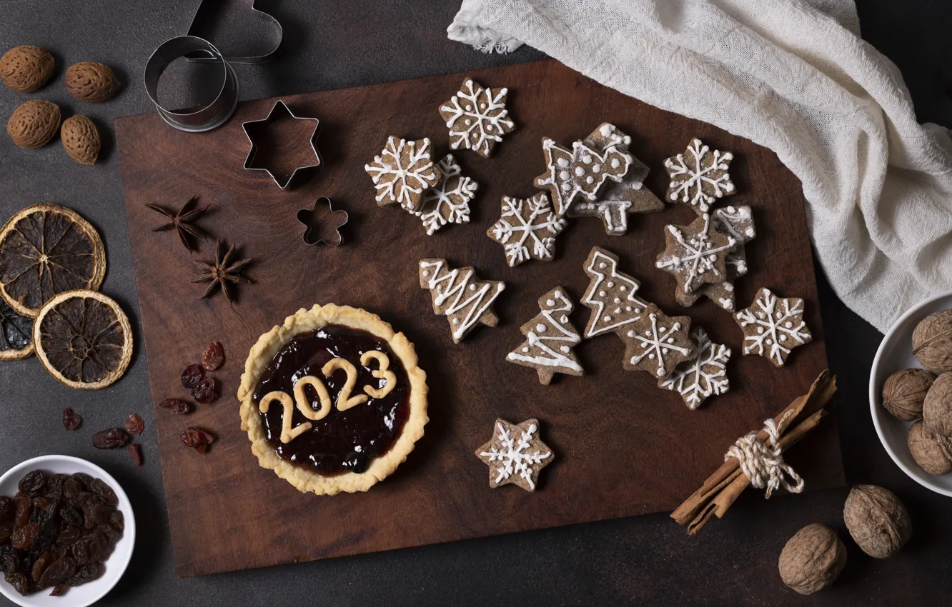 Photo wallpaper new year, cookies, Christmas, pie, dessert, date, 2023