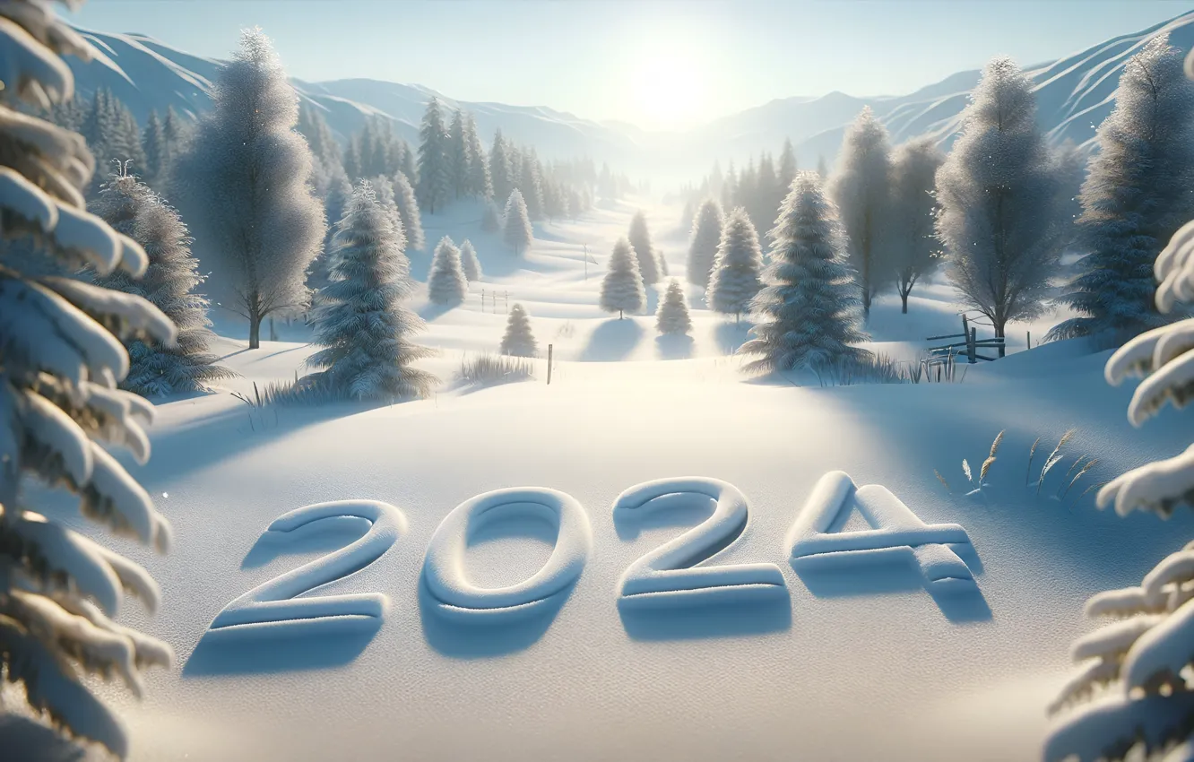Photo wallpaper winter, field, forest, the sun, light, snow, mountains, fog