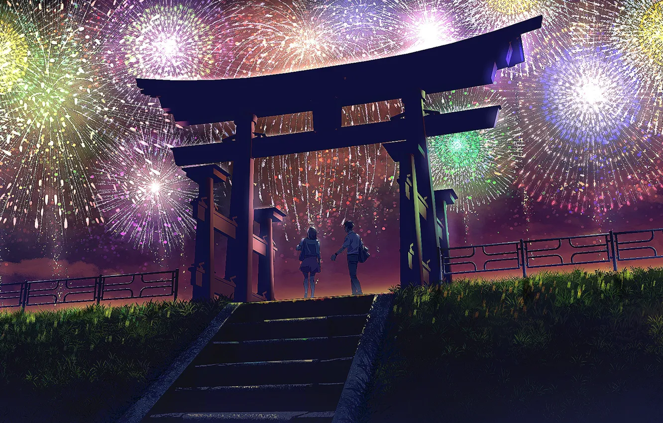 Photo wallpaper girl, night, guy, fireworks, torii, schoolboys