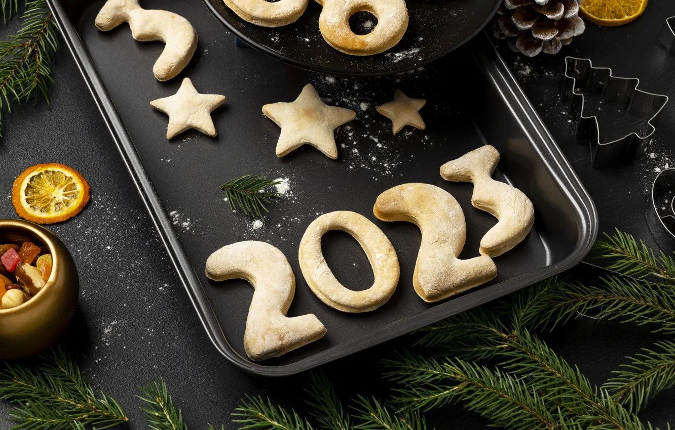 Photo wallpaper branches, the dark background, holiday, new year, cookies, figures, needles, stars