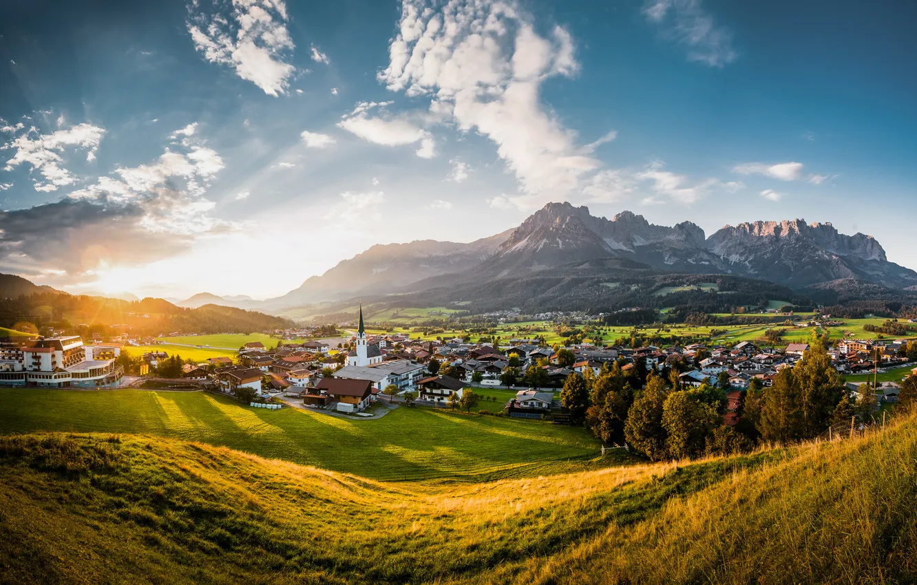 Photo wallpaper house, settlement, mountains, Church, village, haze, field, hills