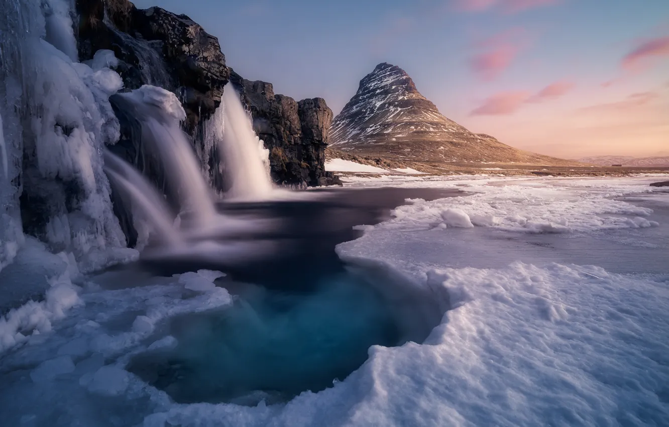 Photo wallpaper ice, winter, nature, river, mountain, waterfall
