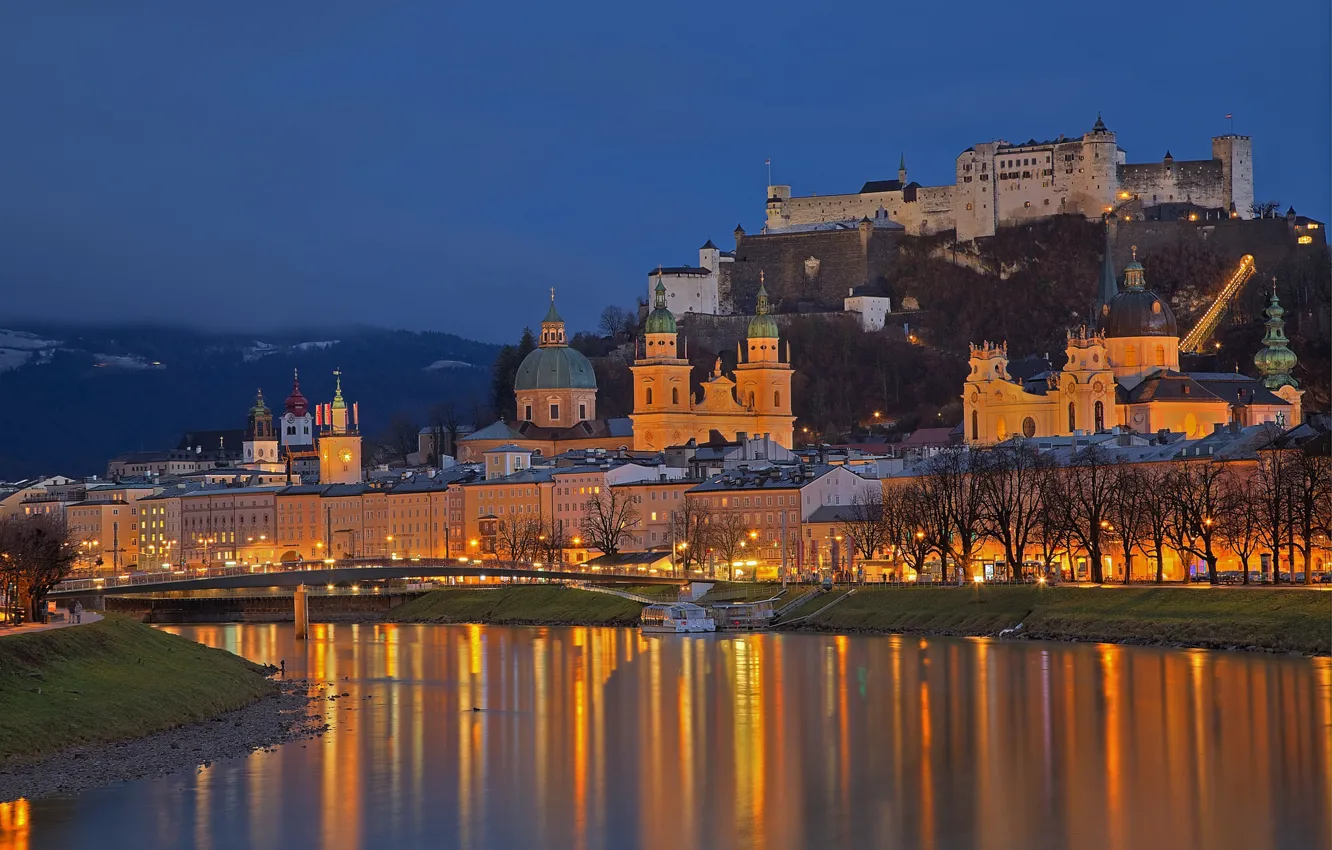 Photo wallpaper night, lights, river, castle, Austria, Cathedral, Salzburg