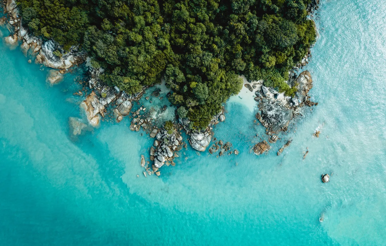 Photo wallpaper beach, rocks, island, greenery, Malaysia, Hangzhou, aerial view