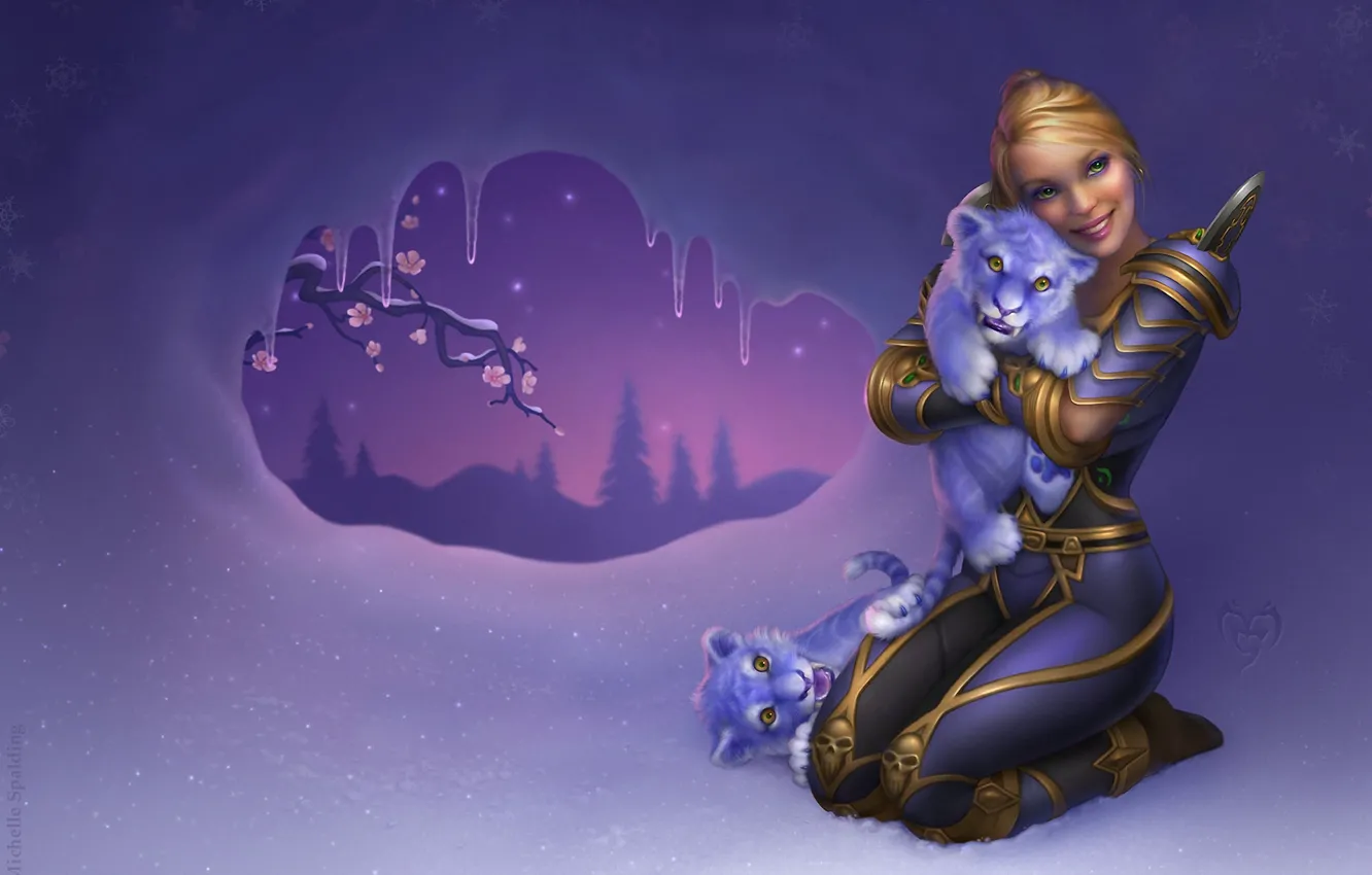 Photo wallpaper girl, snow, trees, flowers, branches, tiger, icicles, fantasy