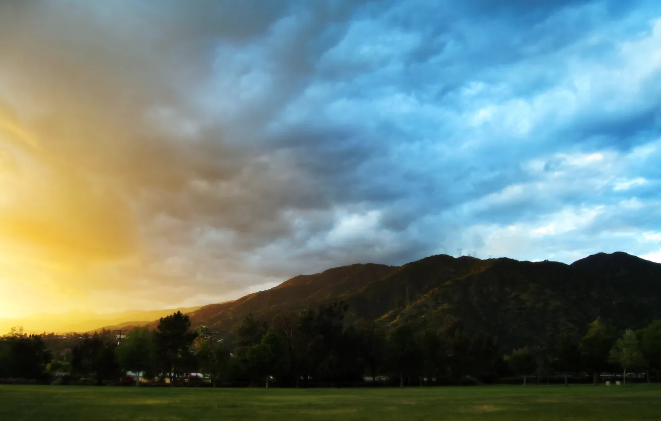 Photo wallpaper greens, field, the sky, grass, clouds, trees, sunset, mountains