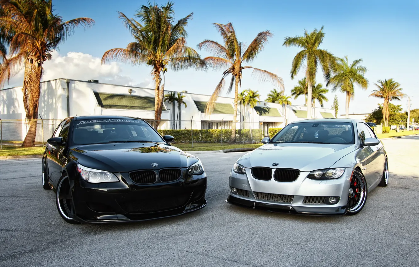 Photo wallpaper the sky, palm trees, tuning, two, BMW