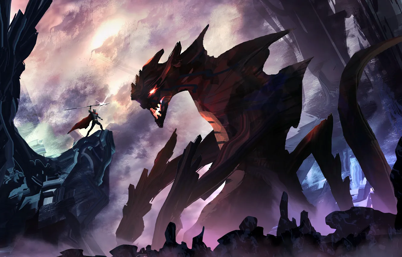 Photo wallpaper landscape, fiction, figure, monster, the demon, warrior, art, battle