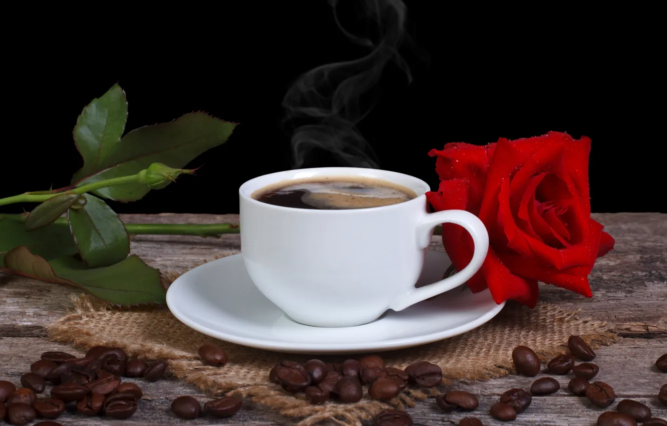 Photo wallpaper flower, rose, coffee, grain, Cup, red, saucer