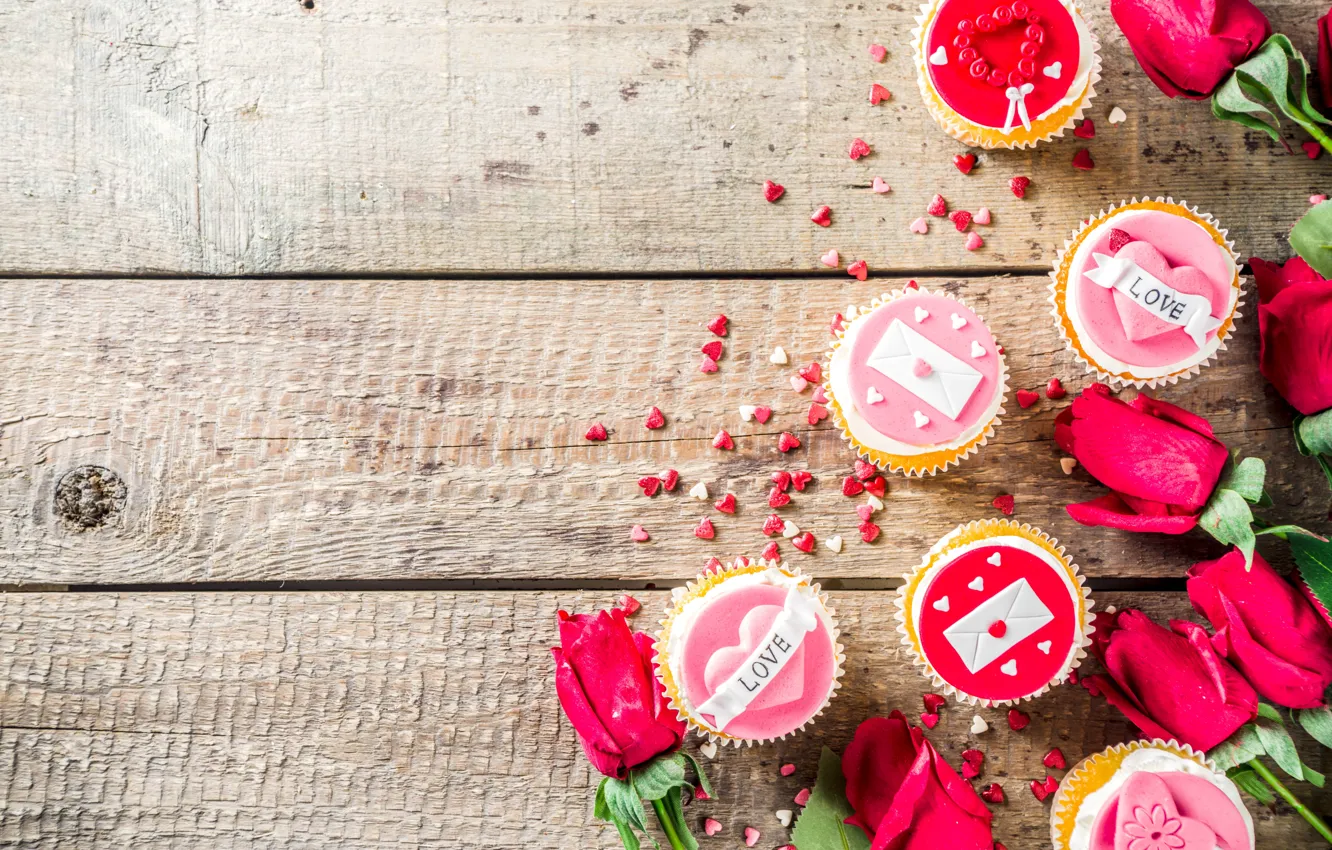 Photo wallpaper roses, cupcakes, Valentine's Day, Bondarenko Rimma