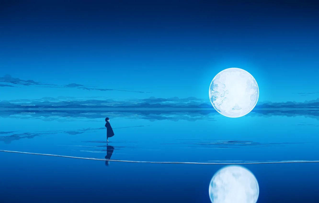 Photo wallpaper sea, night, the moon, fantasy, girl