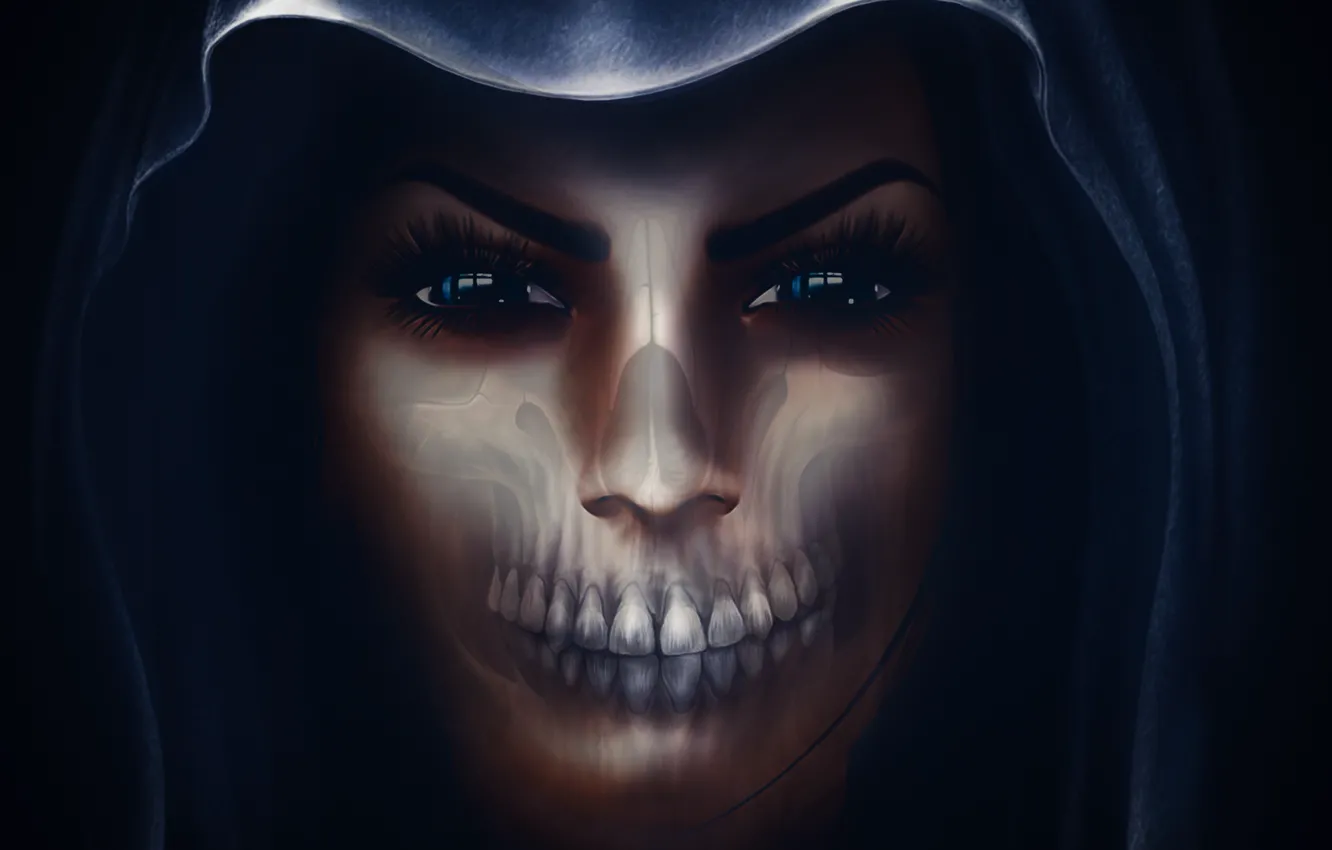 Photo wallpaper girl, face, skull, hood