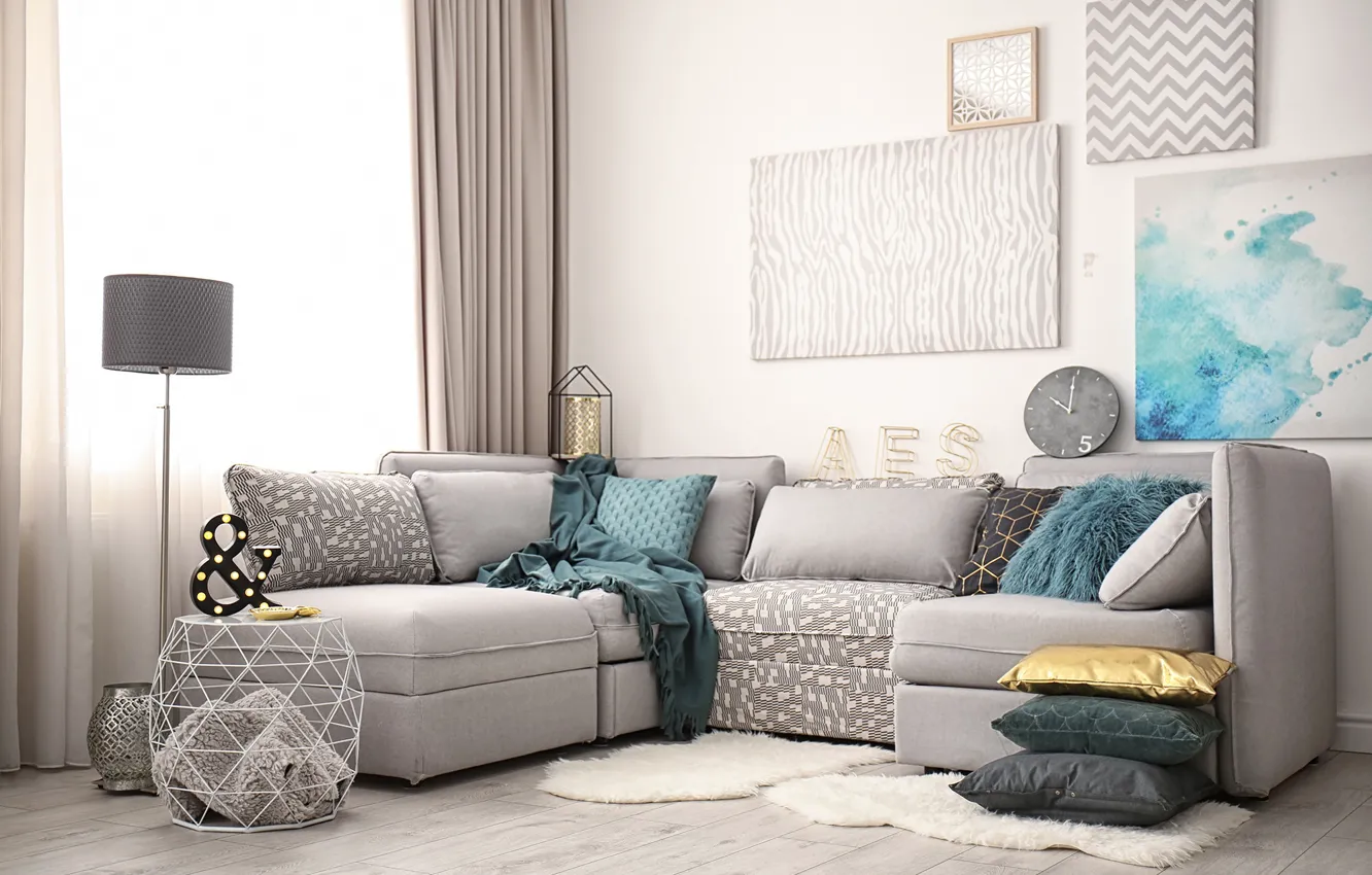 Photo wallpaper sofa, watch, lamp, interior, pillow, pictures