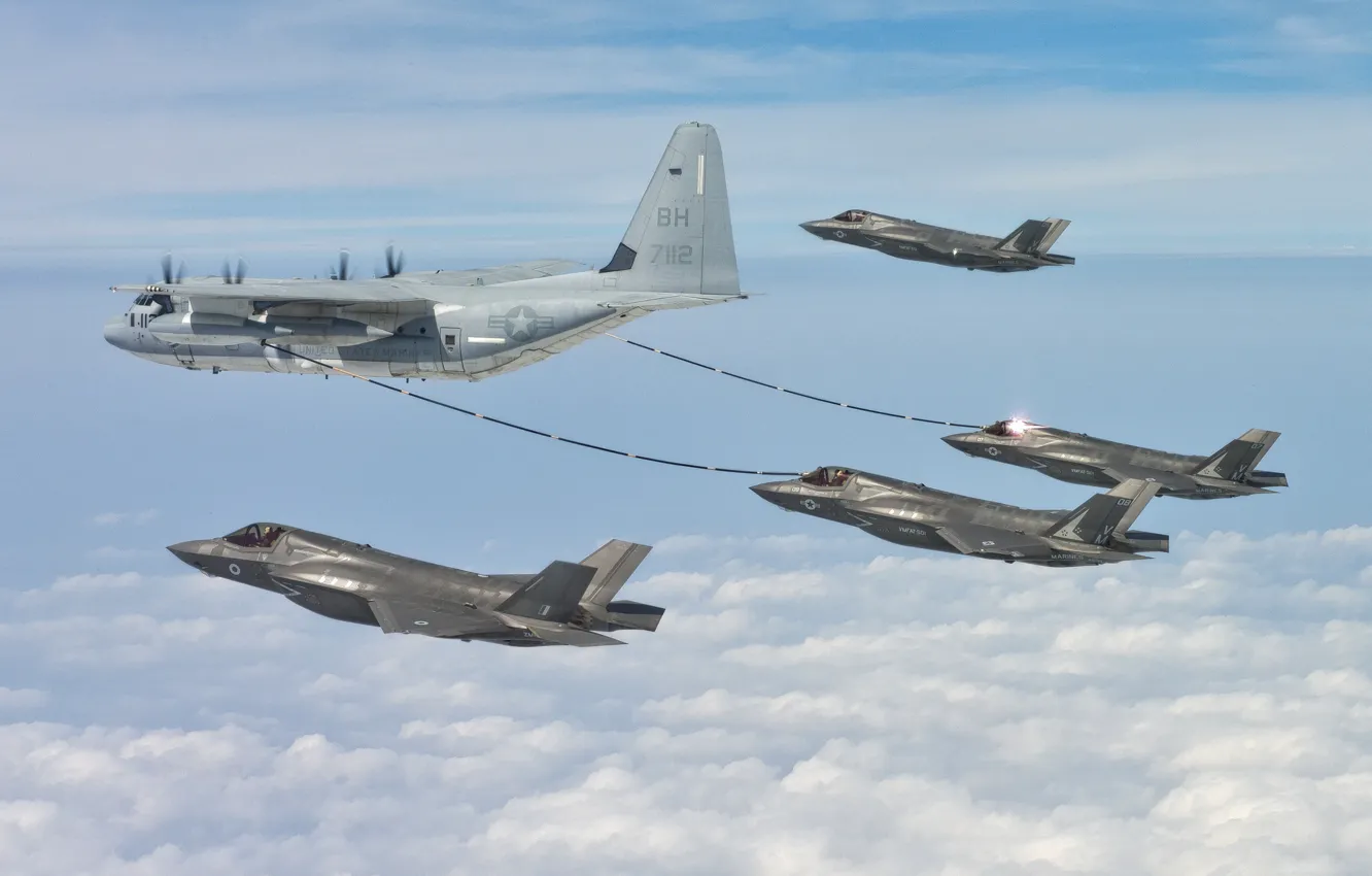 Photo wallpaper fighter, bomber, the plane, refueling, military transport, F-35B, Super Hercules, C-130J